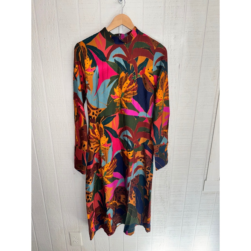 Farm Rio Tropical Leopard Banana Midi Dress Women Multicolor Mock Neck M